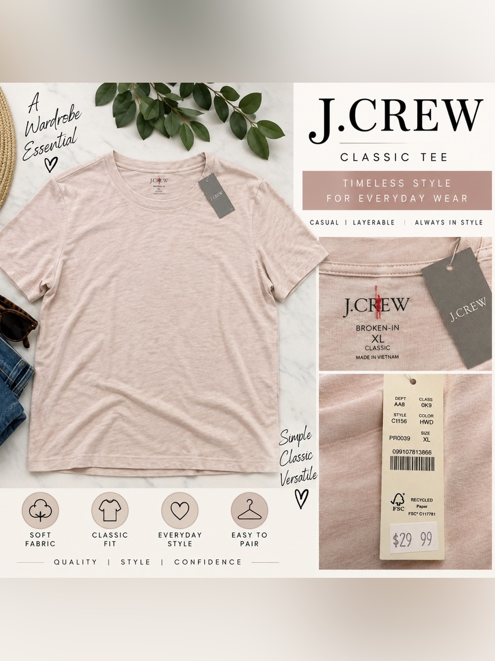 #0392 NWT J.Crew Broken-In Classic T-Shirt Pink XL
